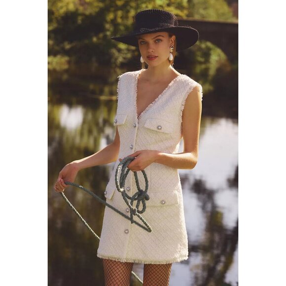 Anthropologie BHLDN Ella V-Neck Pearl Tweed Mini Dress in White Size Medium - Picture 14 of 15